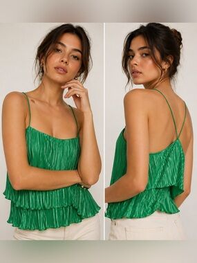 Good American Green Pleated Plise Crop Cami